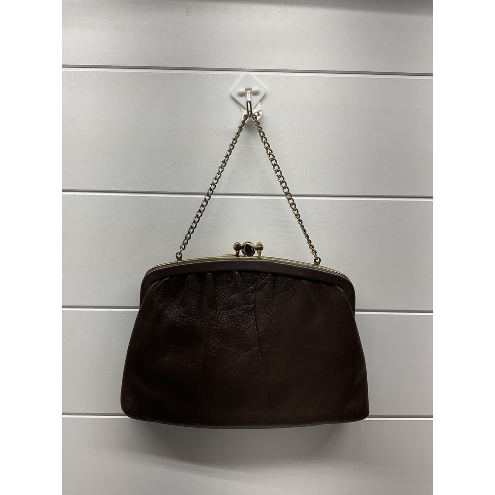 Ande Vintage Brown Leather Frame Clutch Gold Chain Kiss Lock Evening Bag